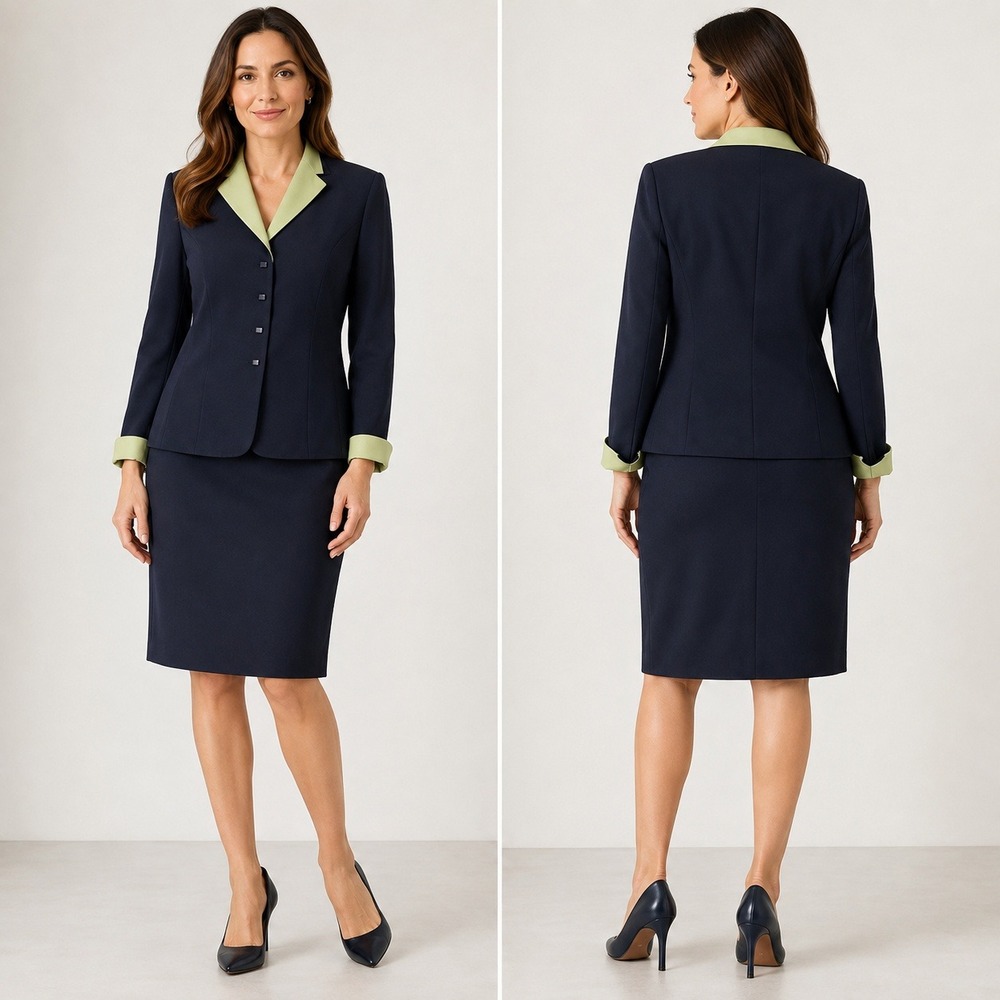 Kasper ASL Navy Blue Sage Green Trim Skirt Suit Set Blazer Pencil Skirt 16 NEW